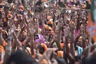  BJP supporters attend the rally of Prime Minister Narendra Modi on 3 March 2017 in Mirzapur. (Arun Sharma/Hindustan Times via Getty Images)