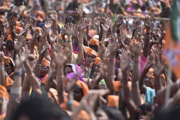 BJP supporters attend the rally of Prime Minister Narendra Modi on 3 March 2017 in Mirzapur. (Arun Sharma/Hindustan Times via Getty Images)
