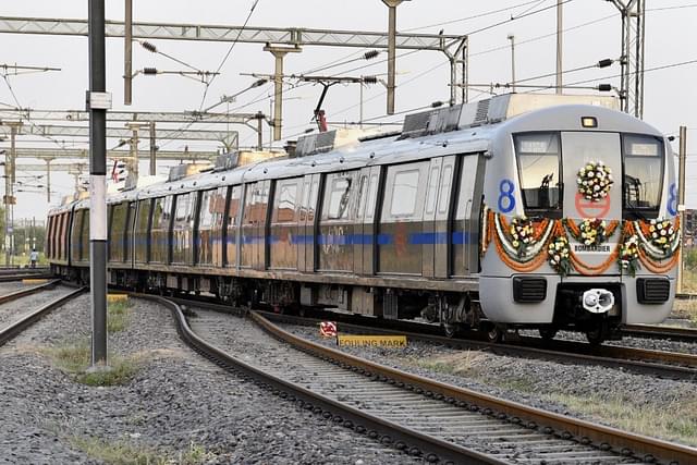 Aluminium coaches used on a Bombardier train on the Delhi Metro. (Mohd Zakir/Hindustan Times via Getty Images)