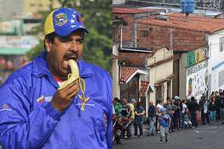 Venezuelan President Nicolás Maduro (L), people queuing up for food in Venezuela (R). (John Moore/Getty Images)