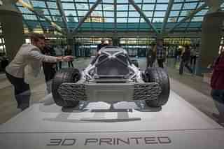 A 3D printed car made by Divergent 3D, displayed during an auto trade show in Los Angeles, California. (David McNew/GettyImages)&nbsp;