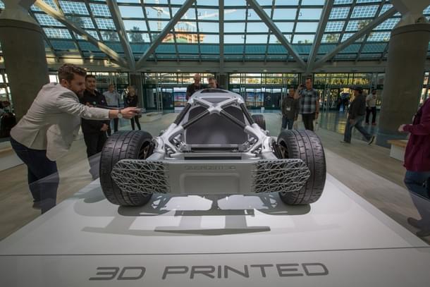 A 3D printed car made by Divergent 3D, displayed during an auto trade show in Los Angeles, California. (David McNew/GettyImages) 