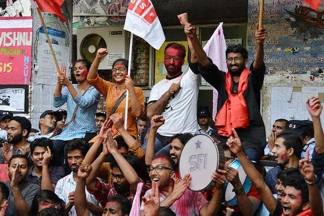  Students celebrate as United Left Alliance wins all four seats in JNU Elections in New Delhi. (K Asif/India Today Group/Getty Images)
