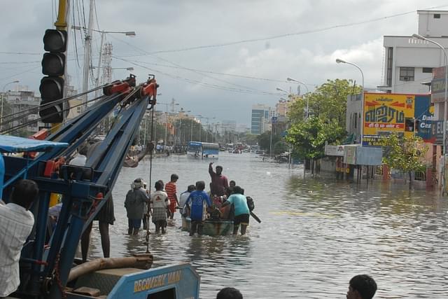 View of Water-logged roads, after heavy rainfall, in Chennai, Tamil Nadu. (Photo by Hk Rajashekar/The India Today Group/Getty Images)