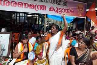 Members of Sabarimala Achara Samrakshan Samiti protest at Nilakkal base camp (Vivek Nair/Hindustan Times via GettyImages)