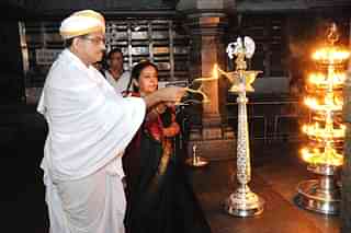 Dr Veerendra Heggade offering prayers at the temple.