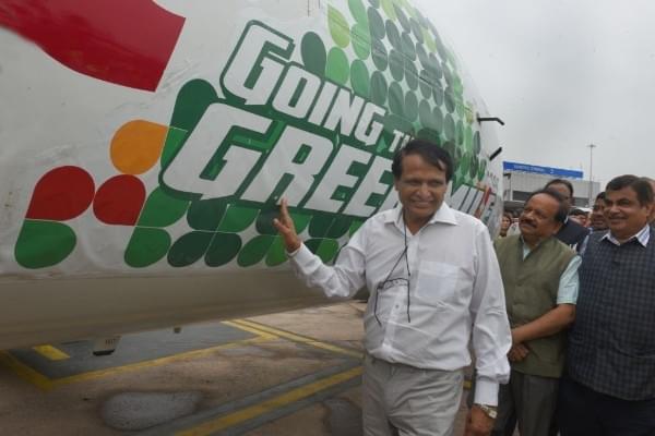 Union Civil Aviation Minister Suresh Prabhu after the arrival of bio-fuel jet flight, at Delhi airport. (Photo by Sonu Mehta/Hindustan Times via Getty Images)