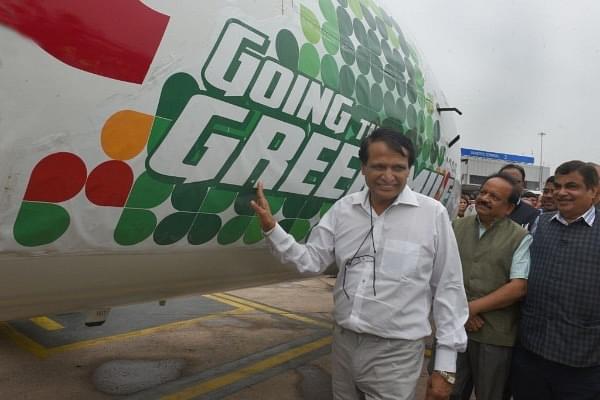  Union Civil Aviation Minister Suresh Prabhu after the arrival of bio-fuel jet flight, at Delhi airport.  (Photo by Sonu Mehta/Hindustan Times via Getty Images)