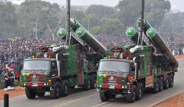 BRAHMOS WPN System of Indian Army passing through the saluting base during the full dress rehearsal for Republic Day Parade. (Mohd Zakir/Hindustan Times via Getty Images)