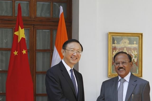 Chinese State Councilor Yang Jiechi with Indian National Security Advisor Ajit Doval for Special Representatives talks for boundary issue at Hyderabad House on March 23, 2015 in New Delhi, India. (Photo by Virendra Singh Gosain/Hindustan Times via Getty Images)