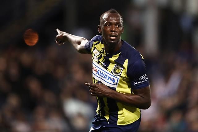 Usain Bolt of the Mariners celebrates scoring a goal during the match. (Matt King/Getty Images)&nbsp;
