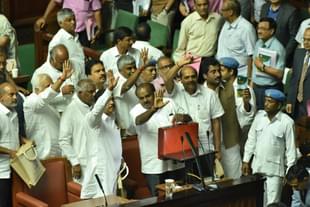 Karnataka Chief Minister H D Kumaraswamy, Deputy CM Parmeshwara and other leaders at the Vidhan Soudha. (Arijit Sen/Hindustan Times via GettyImages) 