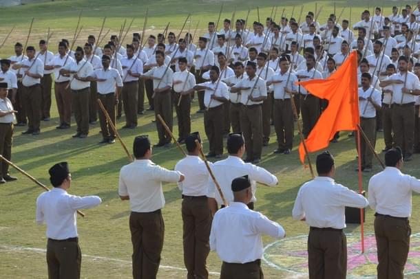 RSS volunteers during Pad Sanchalan (route march) at Beniyabag Ground  in Varanasi (Adarsh Gupta/Hindustan Times via Getty Images)