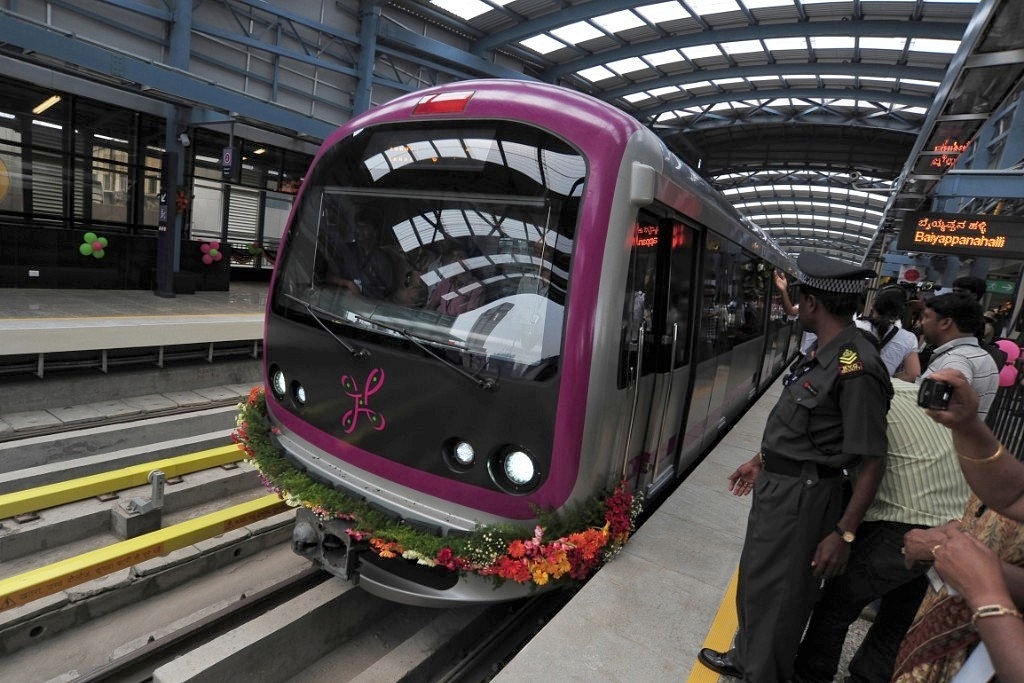 Namma Metro’s train arrives at Mahatma Gandhi road station in Bengaluru. (Photo by Jagdeesh MV/Hindustan Times via Getty Images)