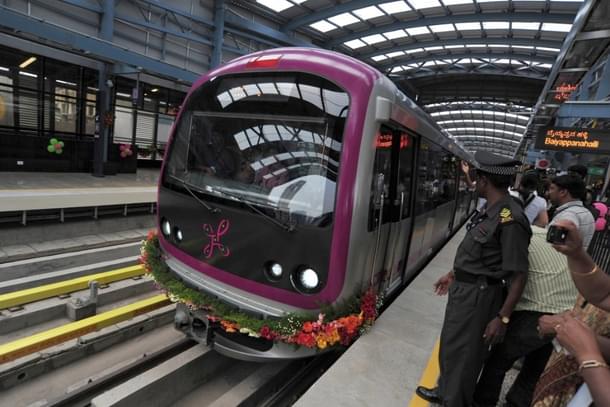 A Namma Metro train at Mahatma Gandhi road station in Bengaluru. (Photo by Jagdeesh MV/Hindustan Times via Getty Images)