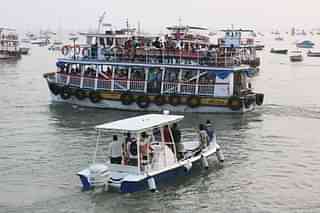 Ferry boats from Gateway of India to Elephanta Caves. (Photo by Kalpak Pathak/Hindustan Times via Getty Images)