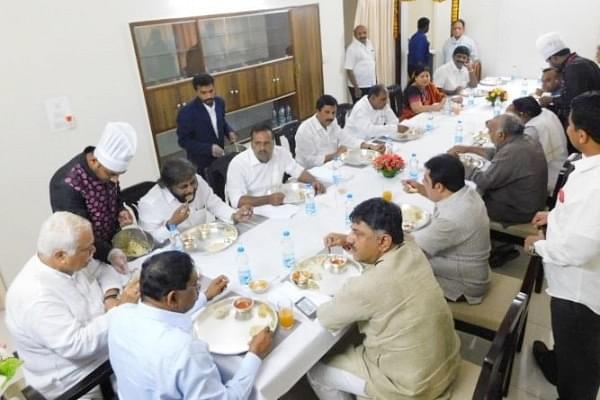 Karnataka ministers eating breakfast in silver plates (@utkhader/Twitter)