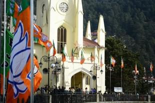 BJP flags welcome Prime Minister Narendra Modi at the Ridge in Shimla on 26 December 2017. (Photo by Deepak Sansta/Hindustan Times via Getty Images)