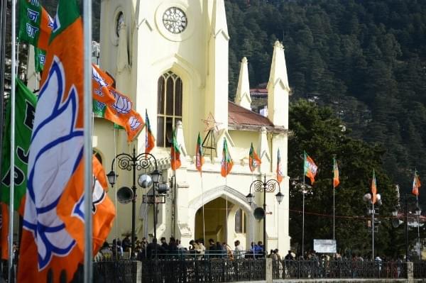 BJP flags welcome Prime Minister Narendra Modi at the Ridge in Shimla on 26 December 2017. (Photo by Deepak Sansta/Hindustan Times via Getty Images)