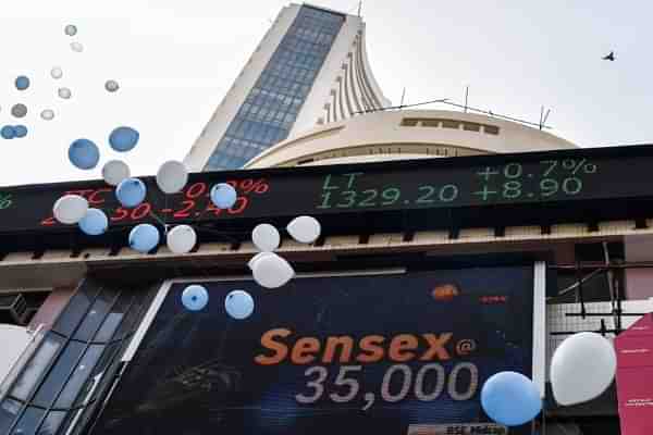 The digital broadcast on the facade of the Bombay Stock Exchange. (BSE) (Kunal Patil/Hindustan Times via Getty Images)