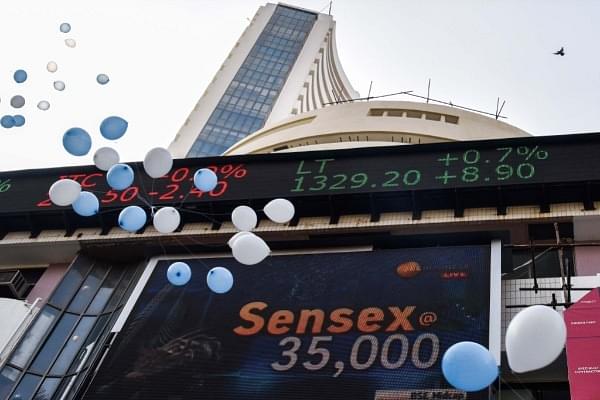 The digital broadcast on the facade of the Bombay Stock Exchange. (BSE) (Kunal Patil/Hindustan Times via Getty Images)