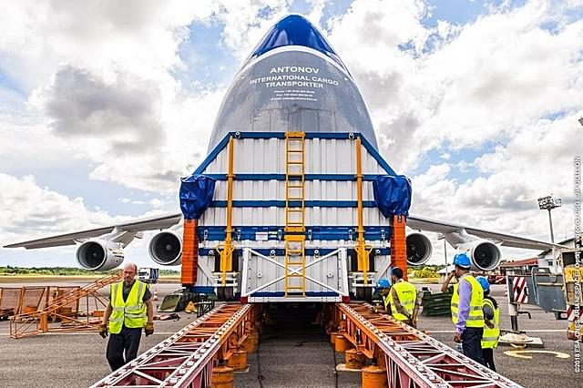 Picture of GSAT-11 tweeted by Arianespace’s CEO Stephane Israel, after the satellite arrived at the South American port (@arianespaceceo/twitter)