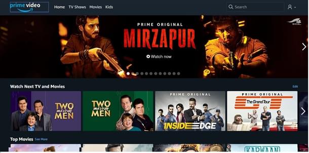 Screen grab of Amazon Prime Video Website