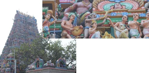 The <i>gopuram</i> depicts Shiva approaching the <i>homa</i> as an untouchable, along with <i>vedas</i> as his dogs and consort Parvati as an untouchable woman.