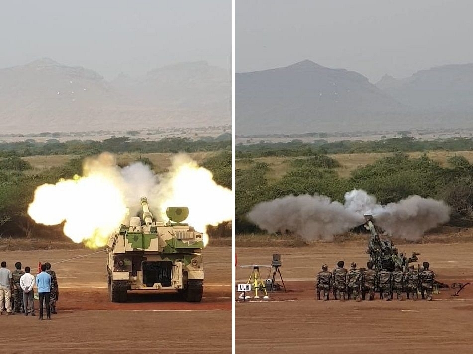K9 Vajra (left) and M777 (right) artillery guns to be inducted by the army today. (@rahulsinghx/Twitter)&nbsp;