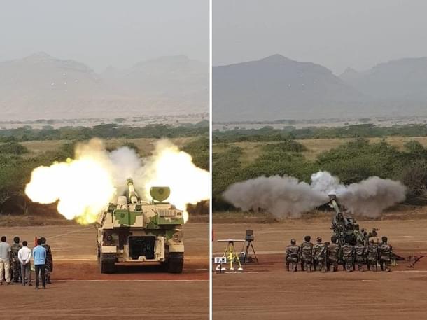 K9 Vajra (left) and M777 (right) artillery guns to be inducted by the army today. (@rahulsinghx/Twitter) 
