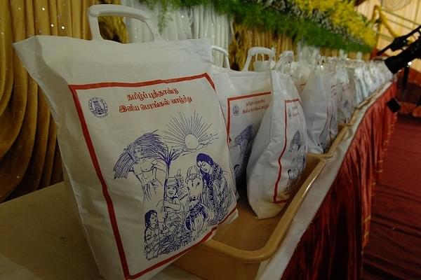 Free bags of rice in Tamil Nadu ready for distribution. (Photo by Hk Rajashekar/The India Today Group/Getty Images)&nbsp;