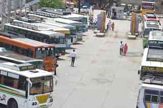 Buses parked at bus depot during a day long strike by transports unions in 2015 in Amritsar against Centre’s new bill on road safety and transport (Photo by Sameer Sehgal/Hindustan Times via Getty Images)