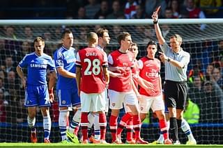 Keiran Gibbs being wrongly red carded following a case of mistaken identity (Shaun Botterill/Getty Images)