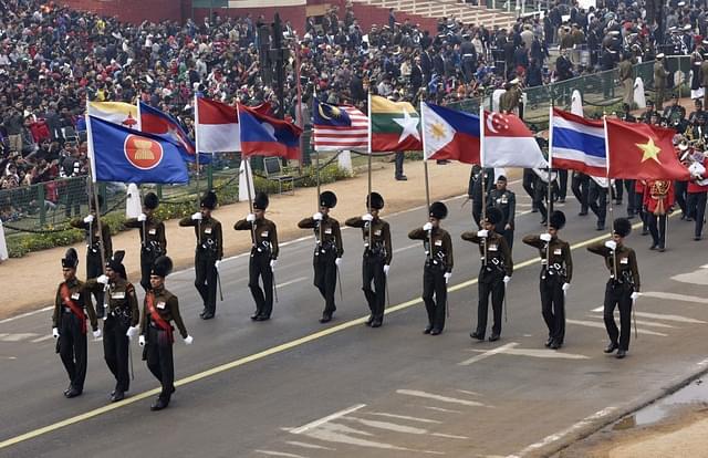 Army personnel carrying the ASEAN countries national flags for the Republic Day Parade on January 23, 2018(Mohd Zakir/Hindustan Times via Getty Images)