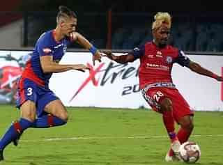 Gourav Mukhi (R) scoring his first goal against Bengaluru FC. ISL claimed by the goal making him the youngest goal scorer in ISL’s history. The AIFF has now found him guilty of age fraud.( photo via official Indian Super League Facebook page)