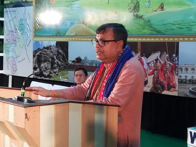 Minister of education Ratan Lal Nath speaking at an event in Agartala. (Image courtesy of twitter.com/RatanLalNath)&nbsp;
