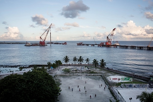 The Chinese built bridge connecting Malé with the Airport island during its construction phase. (Aishath Adam/Getty Images)&nbsp;