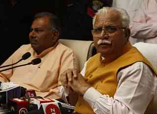 Haryana CM and minister-in-charge of HSVP Manohar Lal Khattar at a public gathering in Gurugram. (Yogendra Kumar/Hindustan Times via Getty Images)