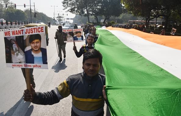 Youth protests in New Delhi in February 2018 against the killers of Chandan Gupta, who lost his life in Kasganj violence (K Asif/India Today Group/Getty Images)