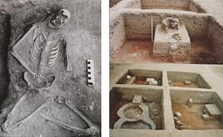 Previous discoveries: skeleton buried cross-legged (yogic burial?); iron smelting furnace (right-top) and gemstones factory (right-bottom): from Somu (Ramachandran) collection.