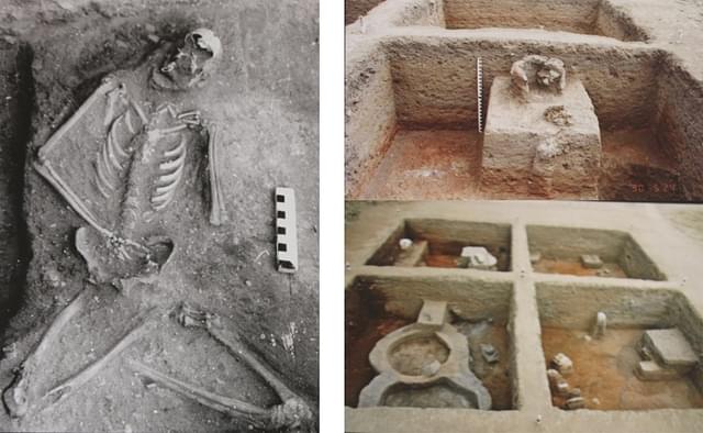 Previous discoveries: skeleton buried cross-legged (yogic burial?); iron smelting furnace (right-top) and gemstones factory (right-bottom): from Somu (Ramachandran) collection.