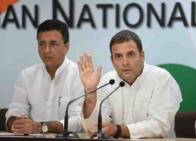 Former Congress president Rahul Gandhi with Congress spokesperson Randeep Singh Surjewala during a press conference. (Sonu Mehta/Hindustan Times via Getty Images)&nbsp;