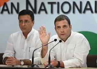 Congress Party President Rahul Gandhi with Congress spokesperson Randeep Singh Surjewala during a press conference. (Sonu Mehta/Hindustan Times via Getty Images)&nbsp;