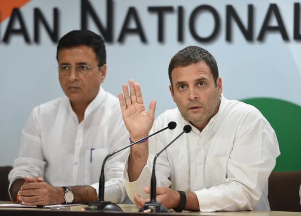 Former Congress president Rahul Gandhi with Congress spokesperson Randeep Singh Surjewala during a press conference. (Sonu Mehta/Hindustan Times via Getty Images) 