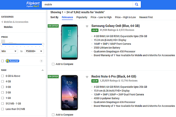 Screengrab of mobiles being sold on Flipkart (Official Website)