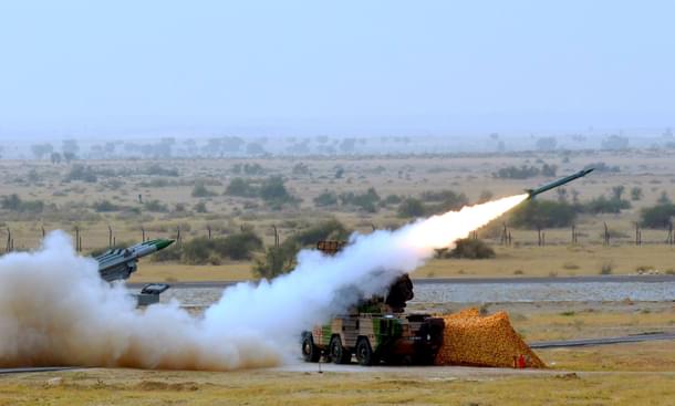 Medium-range mobile surface-to-air Akash Missiles being fired during Indian Air Force firepower show, ‘Exercise Iron Fist’ on 18 March 2016 in the desert of Pokhran, India. (Sonu Mehta/Hindustan Times via Getty Images) 
