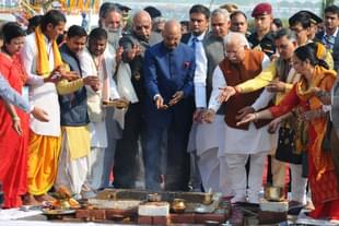 President Ram Nath Kovind (C) with Governor Haryana Kaptan Singh Solanki, CM Haryana Manohar Lal Khattar and, Governor Himachal Acharya Dev Vrat during an inauguration of International Gita Mahotsav 2017 at  Brahma Sarover, on November 25, 2017 in Kurukshetra. (Photo by Anil Dayal/Hindustan Times via Getty Images)