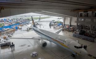 Jet Airways displaying India’s first Boeing 737 Max aircraft at Jet Airways Hangar. (Satyabrata Tripathy/Hindustan Times via Getty Images)