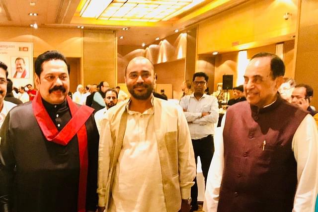 Abhijit Iyer-Mitra (C) with former Sri Lanka PM Mahinda Rajpaske and Rajya Sabha MP Subramanian Swamy.&nbsp;