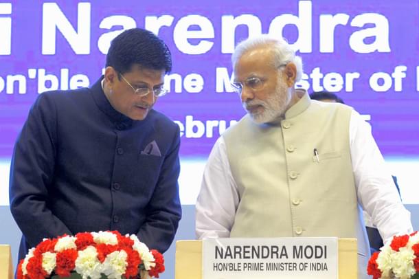 Prime Minister Narendra Modi with Minister of Railways, Piyush Goyal. (Virendra Singh Gosain/Hindustan Times via GettyImages) 